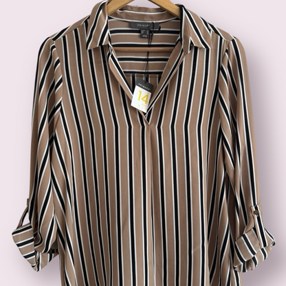 NEW Primark Camel Stripe Size 14 UK Roll Tab Sleeves V-Neck Collar Top