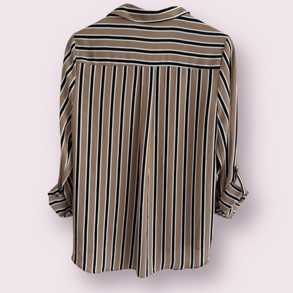 NEW Primark Camel Stripe Size 14 UK Roll Tab Sleeves V-Neck Collar Top