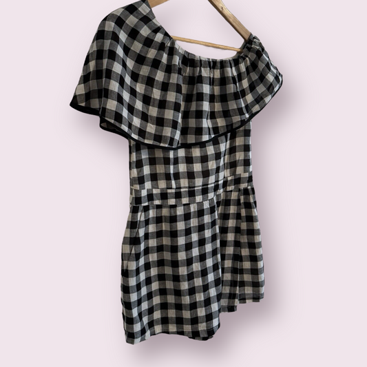 Traffic People Black Mix Check Size 8-10 UK Playsuit Cotton Linen Blend