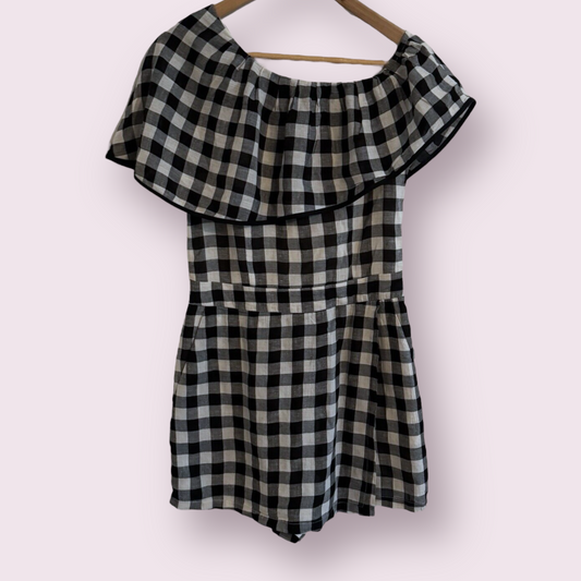 Traffic People Black Mix Check Size 8-10 UK Playsuit Cotton Linen Blend