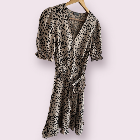 Papaya Natural Animal Print Size 8 UK Short Sleeve Faux Wrap Dress