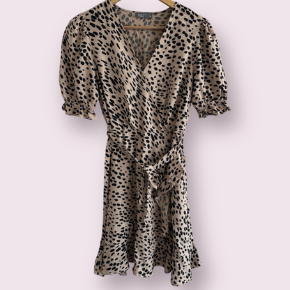 Papaya Natural Animal Print Size 8 UK Short Sleeve Faux Wrap Dress