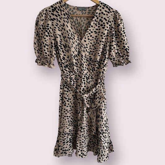 Papaya Natural Animal Print Size 8 UK Short Sleeve Faux Wrap Dress
