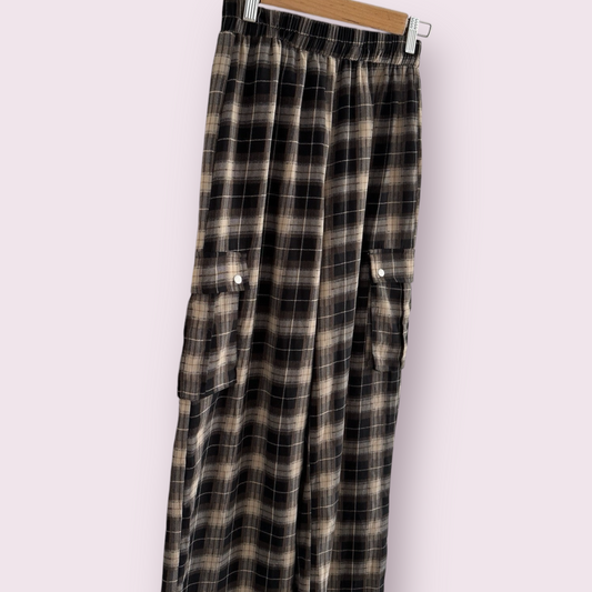 PrettyLittleThing Tartan Mix Check Size 8 UK Pockets Wide Leg Trousers Pull On
