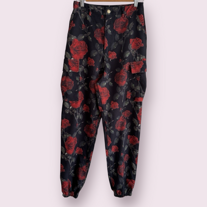 PrettyLittleThing Black Roses Size 8 UK Dark Romance Cuffed Pockets Trousers