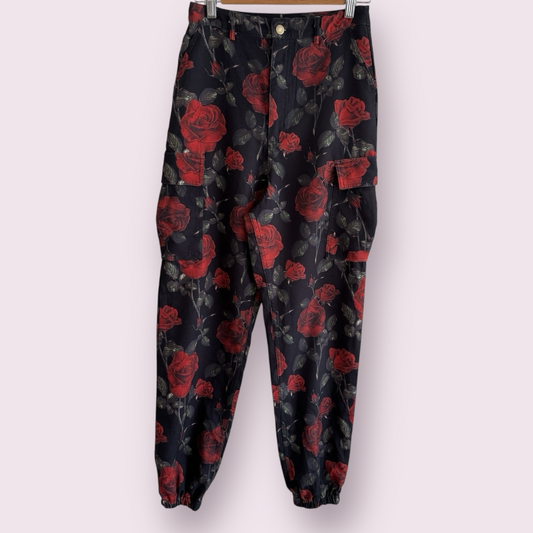 PrettyLittleThing Black Roses Size 8 UK Dark Romance Cuffed Pockets Trousers