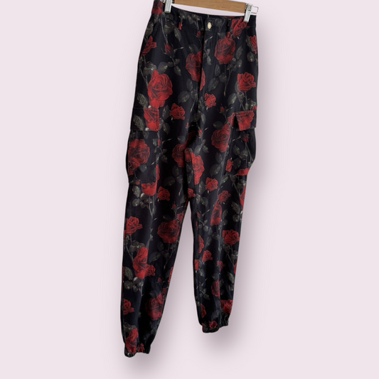 PrettyLittleThing Black Roses Size 8 UK Dark Romance Cuffed Pockets Trousers