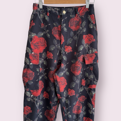 PrettyLittleThing Black Roses Size 8 UK Dark Romance Cuffed Pockets Trousers