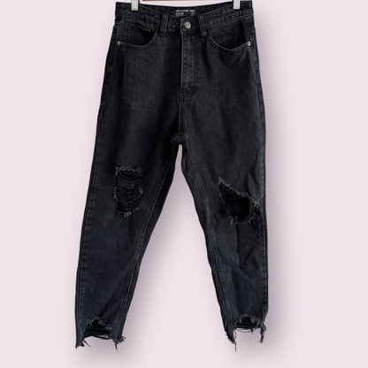 PrettyLittleThing Black Distressed Size 8 UK Slim Mom Jeans Denim
