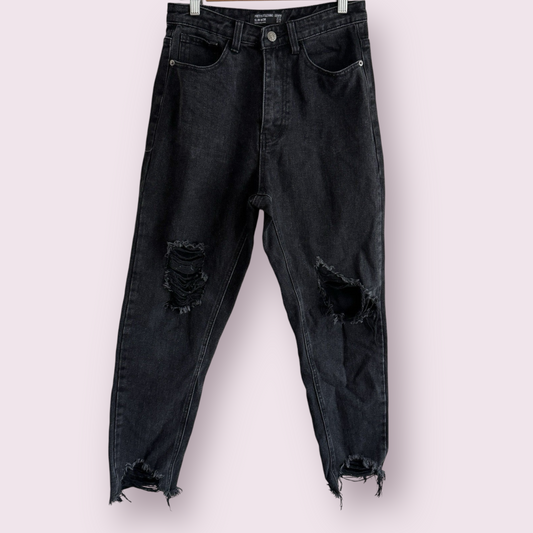 PrettyLittleThing Black Distressed Size 8 UK Slim Mom Jeans Denim