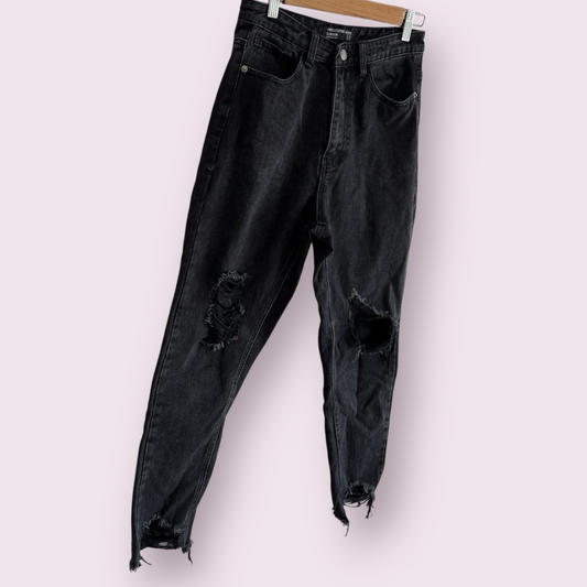 PrettyLittleThing Black Distressed Size 8 UK Slim Mom Jeans Denim