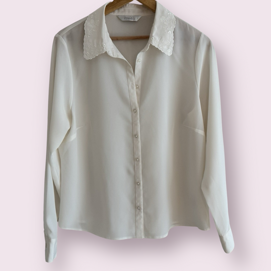 Bhs Classics Ivory Size 16 UK Long Sleeve Floral Embroidered Collar Blouse