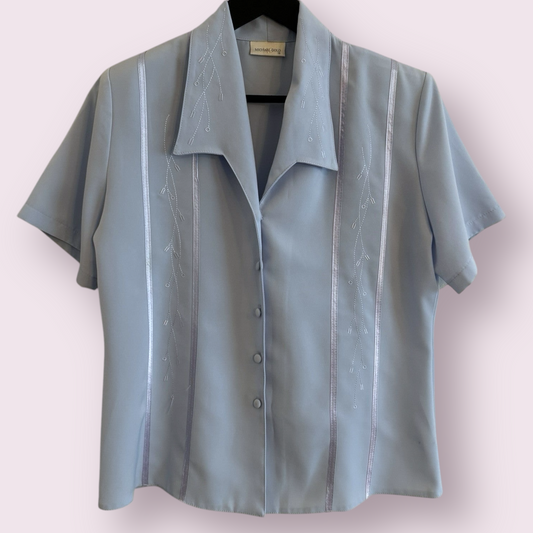 Michael Gold Baby Blue Size 16 UK Short Sleeve Shoulder Pads Trim Blouse