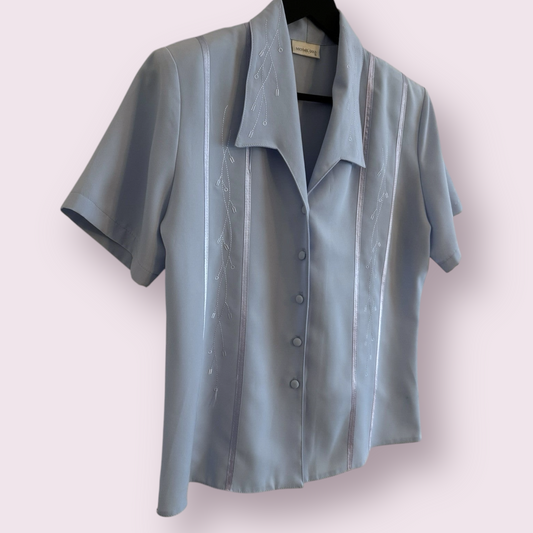 Michael Gold Baby Blue Size 16 UK Short Sleeve Shoulder Pads Trim Blouse