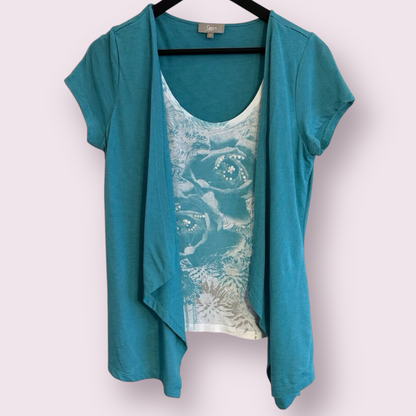 Soon Turquoise Size 14 UK Built In Short Sleeve Cardigan Floral Top