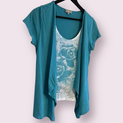 Soon Turquoise Size 14 UK Built In Short Sleeve Cardigan Floral Top