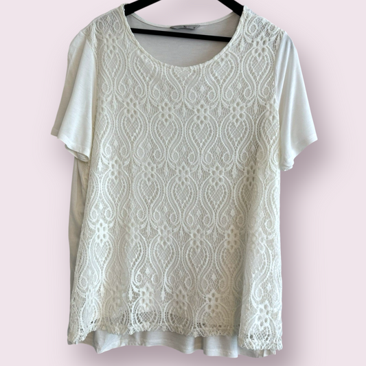 TU Size 22 UK Ivory Lace Short Sleeve Round Neck Layered Top