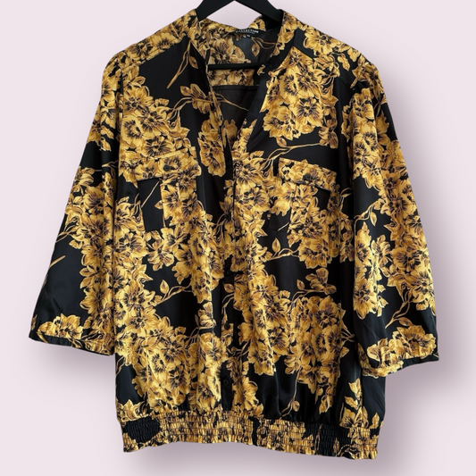 Debenhams Size 20 UK Black Ochre Floral Satin 3/4 Sleeve Collarless Blouse