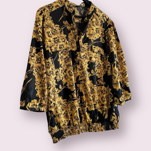 Debenhams Size 20 UK Black Ochre Floral Satin 3/4 Sleeve Collarless Blouse