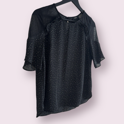 Papaya Black Pink Polka Size 14 UK Short Sleeve Mesh Shoulders Top