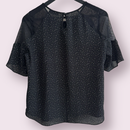 Papaya Black Pink Polka Size 14 UK Short Sleeve Mesh Shoulders Top
