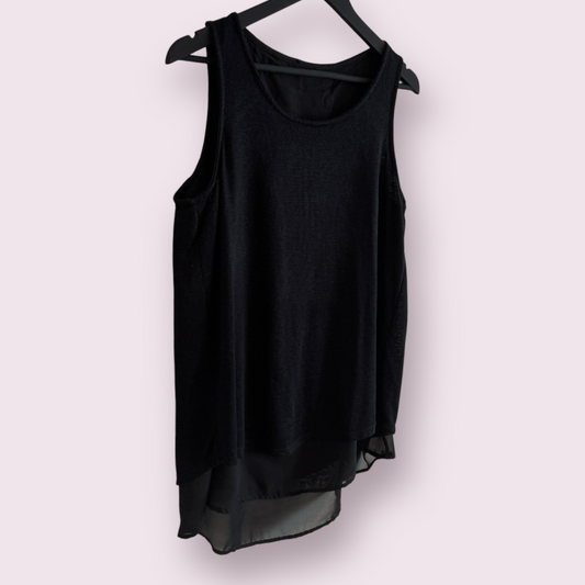 Ladies Black Layered Size 12-14 UK Sleeveless Top Fine Knit Chiffon