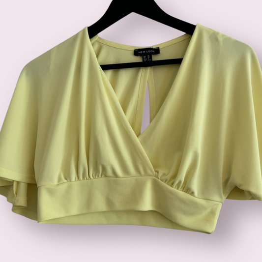 New Look Size 10 UK Yellow Cropped V Neck Batwing Short Sleeve Top