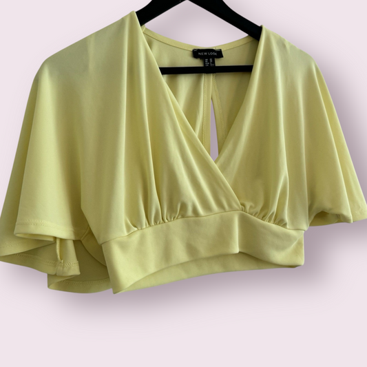 New Look Size 10 UK Yellow Cropped V Neck Batwing Short Sleeve Top