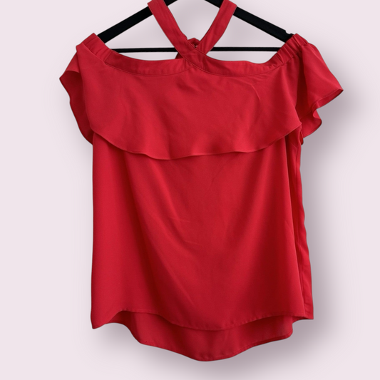 Oasis Size 16 UK Coral Red Off The Shoulder Tie Neck Short Sleeve Top
