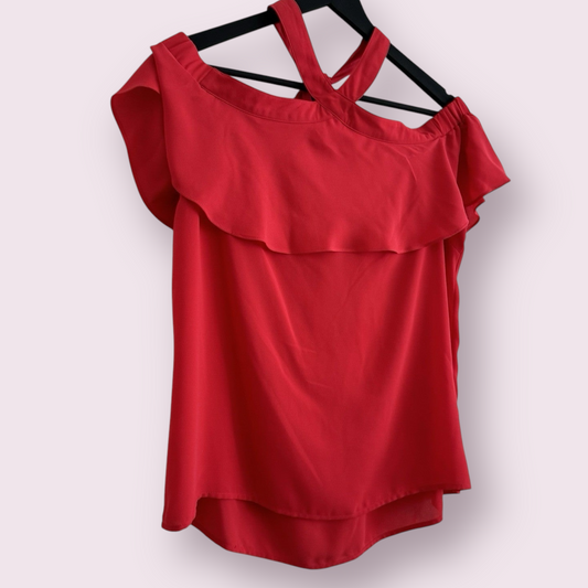 Oasis Size 16 UK Coral Red Off The Shoulder Tie Neck Short Sleeve Top
