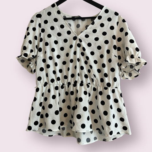 Marks & Spencer Size 14 UK White Polka Dot Short Sleeved Cross V Neck Top