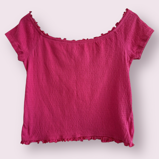 Red Herring Size 14 UK Pink Shirred Off The Shoulder Crop Short Sleeved Top