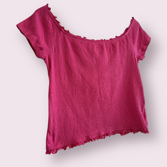Red Herring Size 14 UK Pink Shirred Off The Shoulder Crop Short Sleeved Top