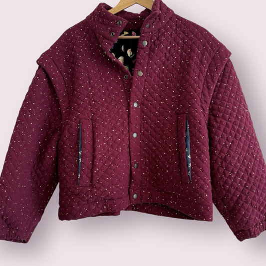 Ladies Size 16 UK Quilted Burgundy Dotty Lined Cotton Jacket