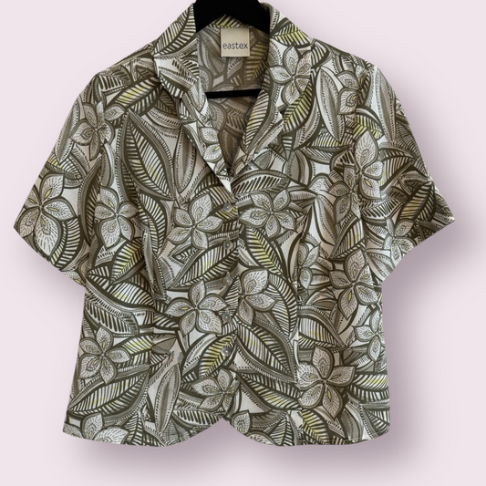 Eastex Muted Green Floral Size 12-14 UK Short Sleeve Shoulder Pads Blouse Top