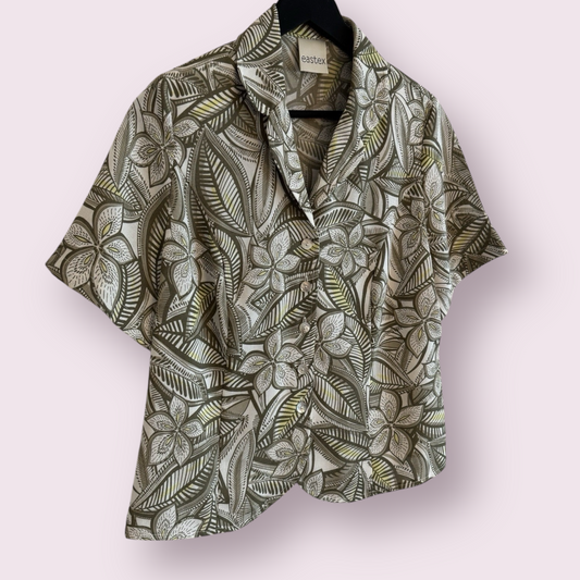 Eastex Muted Green Floral Size 12-14 UK Short Sleeve Shoulder Pads Blouse Top