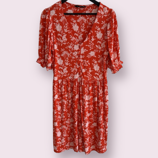 F&F Red Floral Size 14 UK Short Sleeve Knee Length Summer Dress