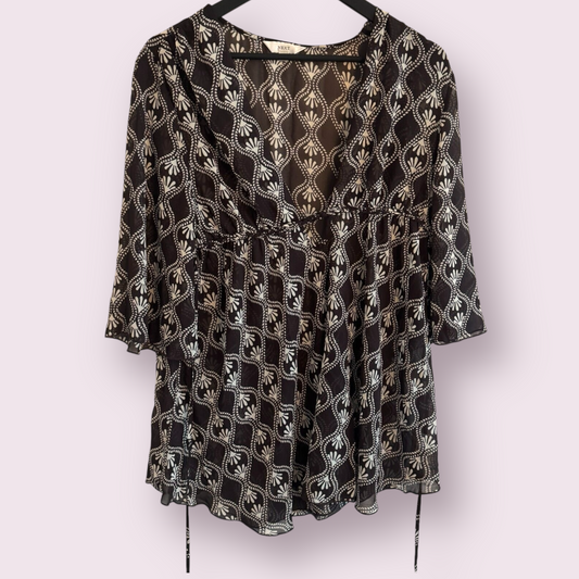 Next Brown Geometric Print Size 16 UK Short Sleeve Sheer Cover Up Top