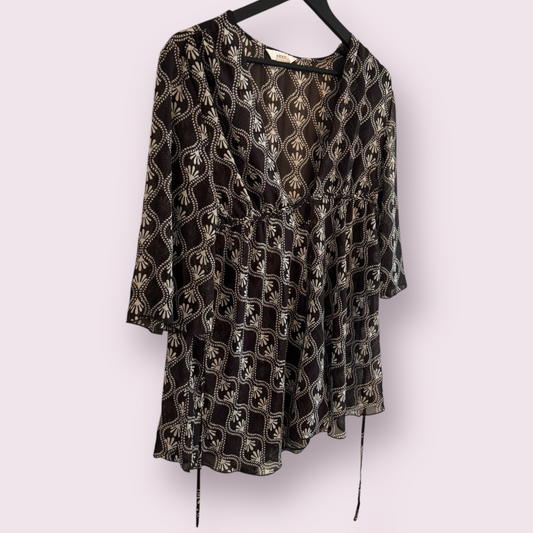 Next Brown Geometric Print Size 16 UK Short Sleeve Sheer Cover Up Top