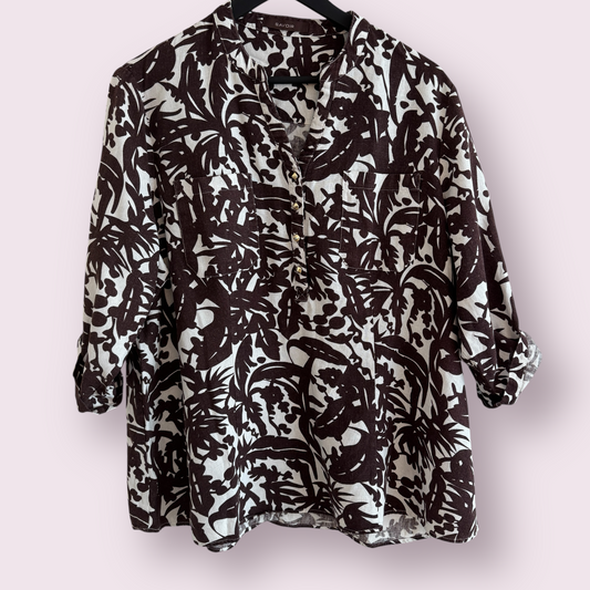 Savoir Brown Abstract Size 20 UK Linen Blend Turn Up Sleeves Blouse