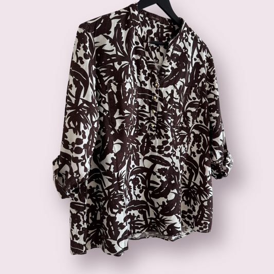 Savoir Brown Abstract Size 20 UK Linen Blend Turn Up Sleeves Blouse