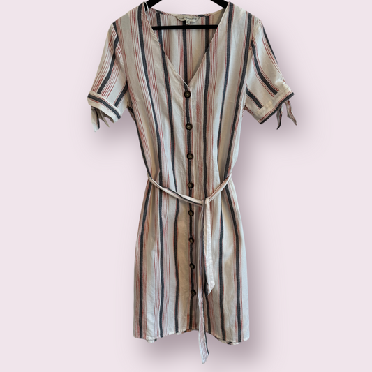 F&F Multi Stripe Size 12 UK Short Sleeve Belted 100% Cotton Dress Spring Summer