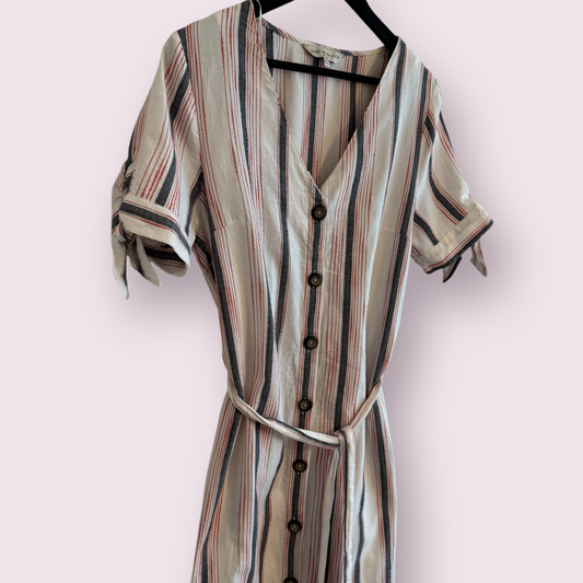 F&F Multi Stripe Size 12 UK Short Sleeve Belted 100% Cotton Dress Spring Summer