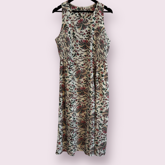 Fat Face Cream Multi Floral Size 14 UK Sleeveless Lined Midi Long Flare Dress