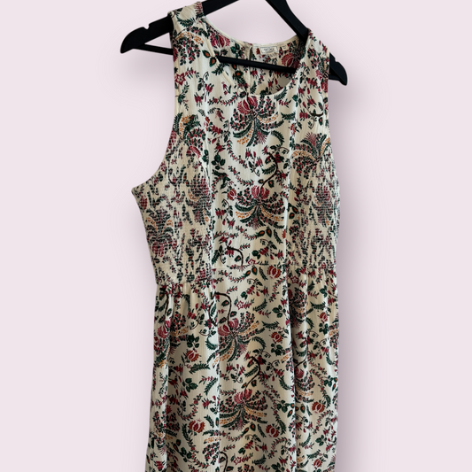 Fat Face Cream Multi Floral Size 14 UK Sleeveless Lined Midi Long Flare Dress