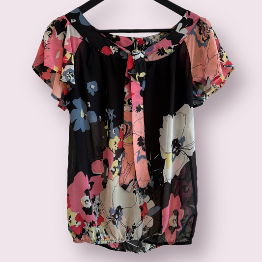 Next Black Multi Floral Size 10 UK Short Sleeve Sheer Pussybow Top