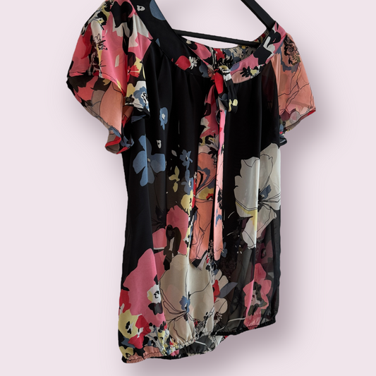 Next Black Multi Floral Size 10 UK Short Sleeve Sheer Pussybow Top