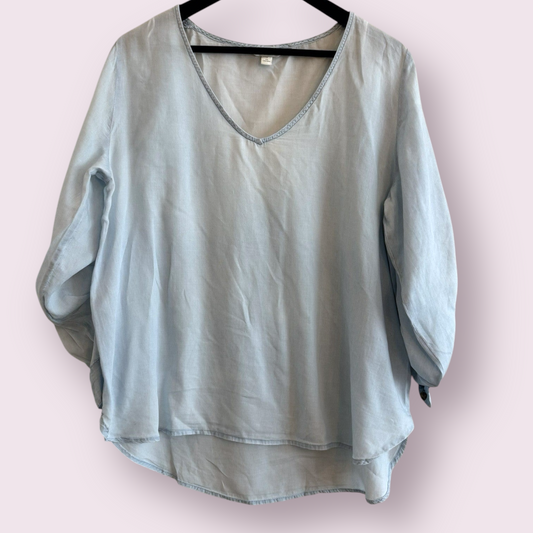 H&M Size 16 UK Blue Fade Roll Tab Sleeve V Neck Lightweight Top