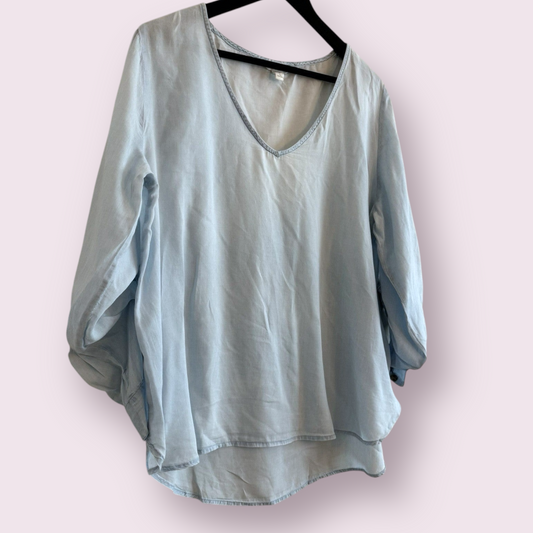 H&M Size 16 UK Blue Fade Roll Tab Sleeve V Neck Lightweight Top