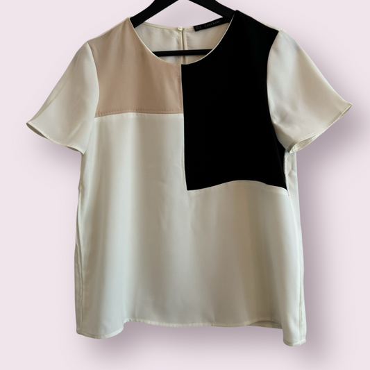 Zara Size 12 UK Cream Block Short Sleeve Round Neck Formal Top